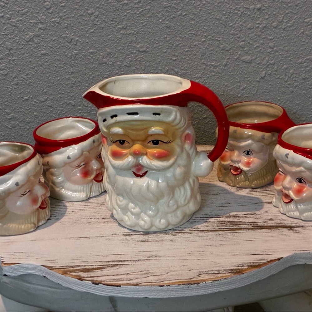 Vintage Winking Santa Claus mug set (4) and Vintage Santa Pitcher